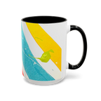Freebrd Stripe Status 15oz coffee mug right side view with green color splashes yellow and teal brushstrokes and black interior and black C-handle.