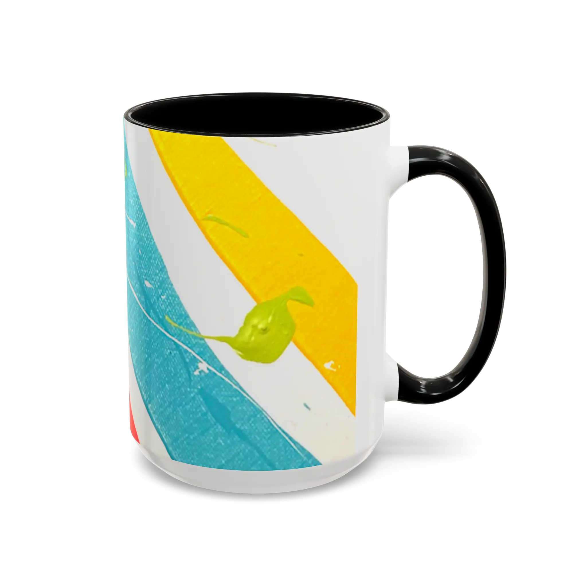 Freebrd Stripe Status 15oz coffee mug right side view with green color splashes yellow and teal brushstrokes and black interior and black C-handle.
