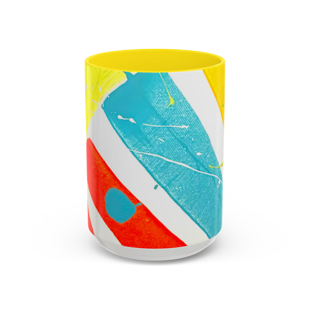Freebrd Stripe Status 15oz coffee mug front view with teal red and yellow brushstroke design white and teal color splashes and yellow interior.