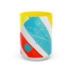 Freebrd Stripe Status 15oz coffee mug front view with teal red and yellow brushstroke design white and teal color splashes and yellow interior.