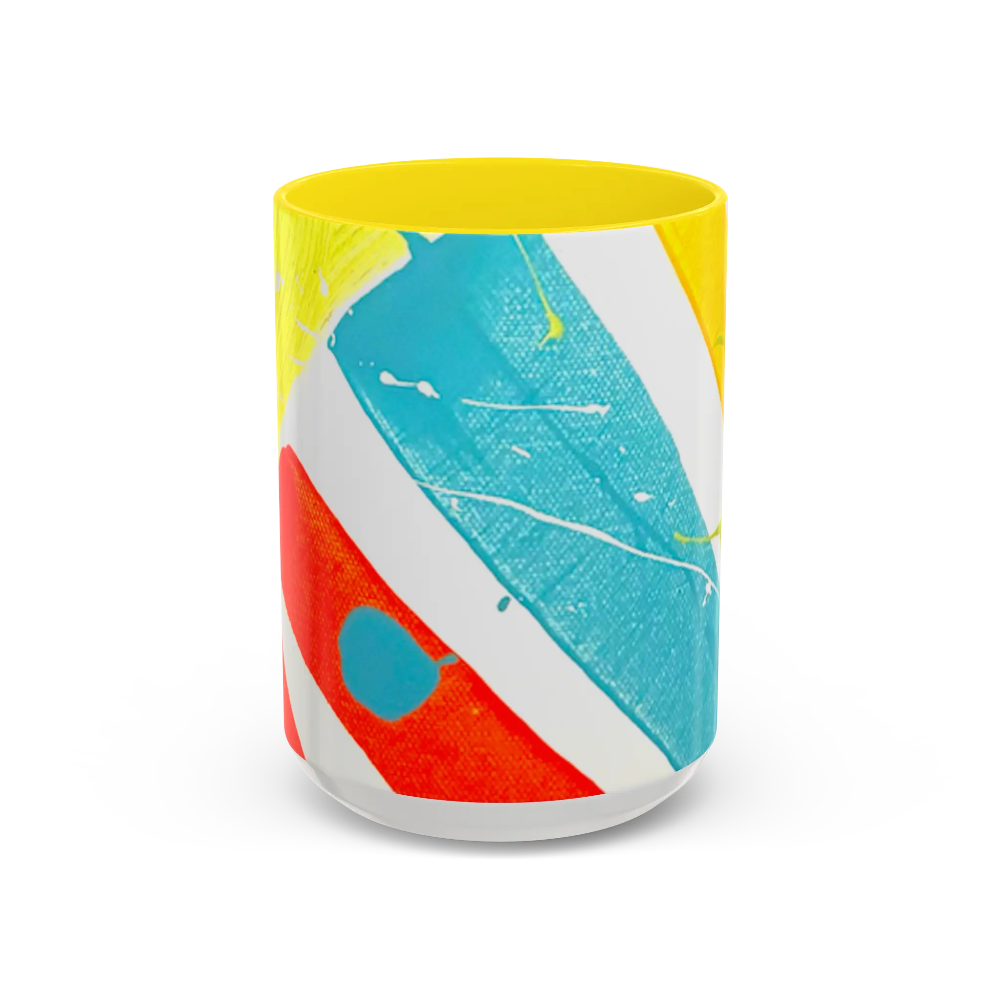 Freebrd Stripe Status 15oz coffee mug front view with teal red and yellow brushstroke design white and teal color splashes and yellow interior.