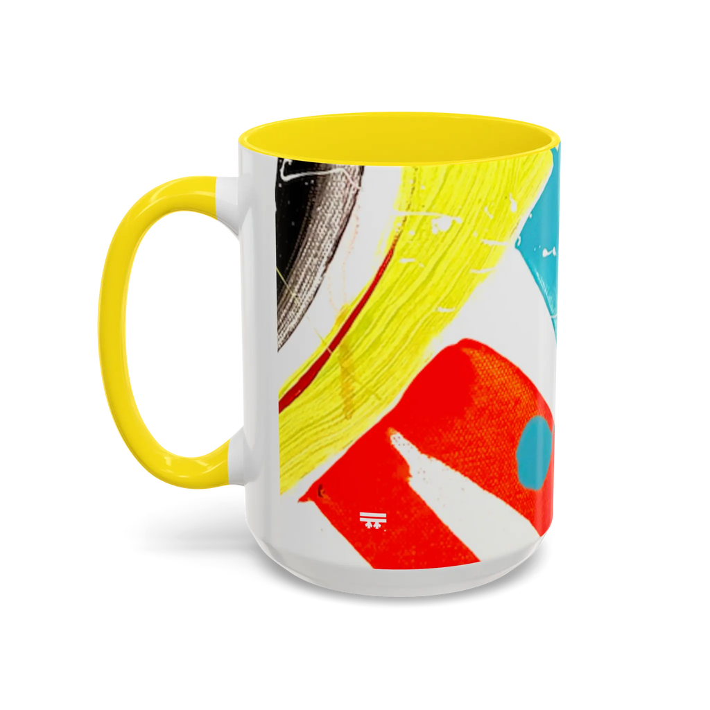 Freebrd Stripe Status 15oz coffee mug left side view with teal and yellow brushstrokes green paint splashes and yellow interior and yellow C-handle.