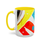Freebrd Stripe Status 15oz coffee mug left side view with teal and yellow brushstrokes green paint splashes and yellow interior and yellow C-handle.