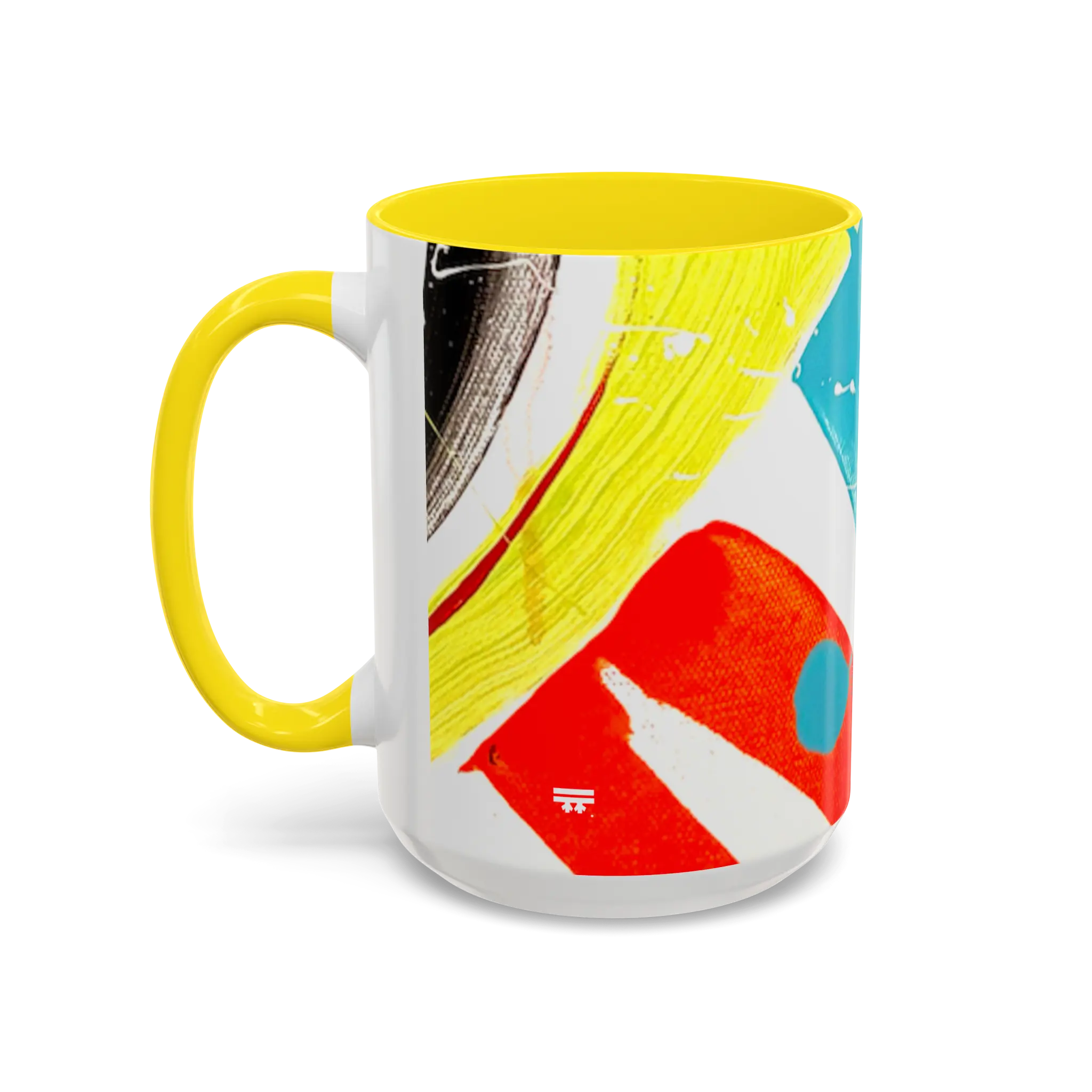 Freebrd Stripe Status 15oz coffee mug left side view with teal and yellow brushstrokes green paint splashes and yellow interior and yellow C-handle.