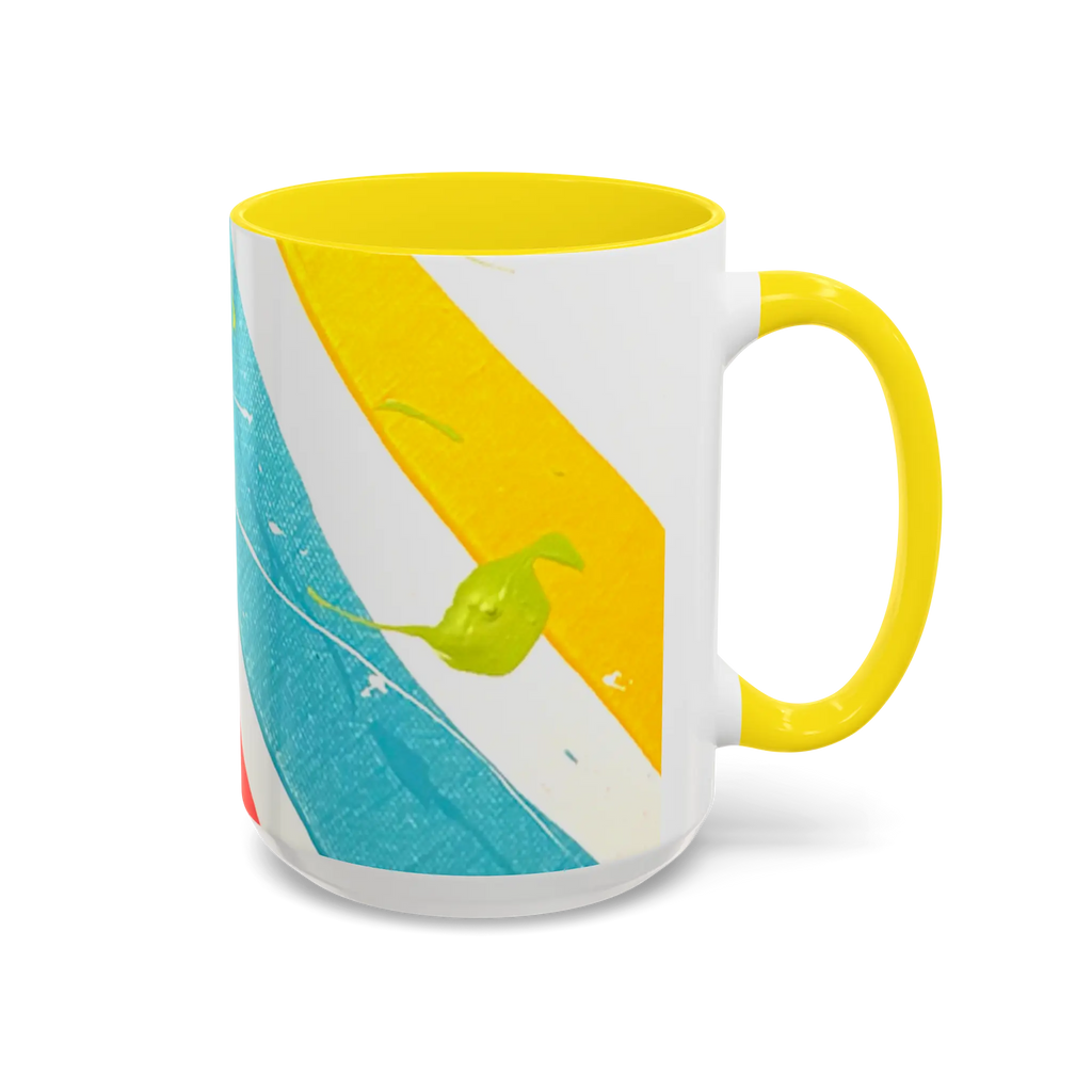 Freebrd Stripe Status 15oz coffee mug right side view with teal and yellow brushstrokes green paint splashes and yellow interior and yellow C-handle.