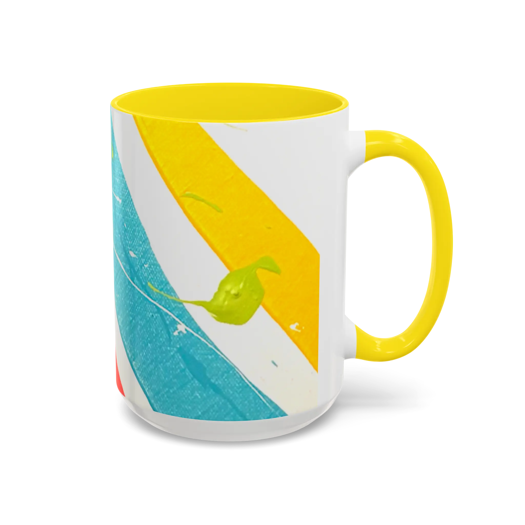 Freebrd Stripe Status 15oz coffee mug right side view with teal and yellow brushstrokes green paint splashes and yellow interior and yellow C-handle.