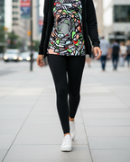 Person wearing a colorful FREEBRD unique ‘Zonch’ fashion top graphic t-shirt and black jeggings walking on a city street.