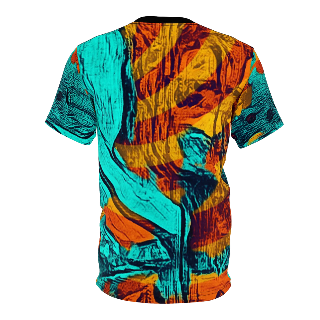 A back view of the Freebrd abstract all-over-print tee featuring swirling teal and orange patterns with a black collar, on a white background.
