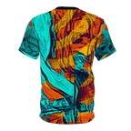 A back view of the Freebrd abstract all-over-print tee featuring swirling teal and orange patterns with a black collar, on a white background.
