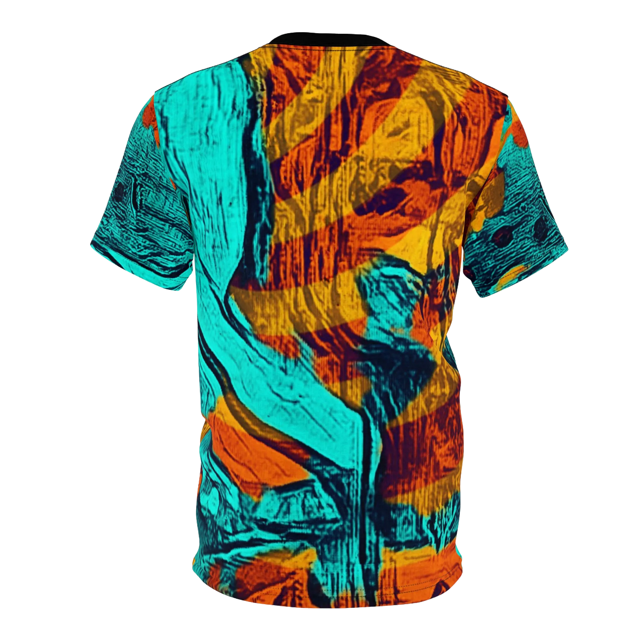 A back view of the Freebrd abstract all-over-print tee featuring swirling teal and orange patterns with a black collar, on a white background.
