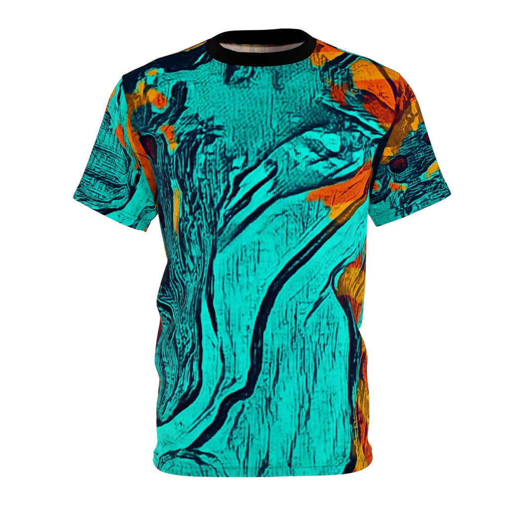 A front view of the Freebrd abstract all-over-print tee featuring swirling teal and orange patterns with a black collar, on a white background.