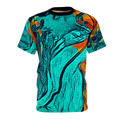 A front view of the Freebrd abstract all-over-print tee featuring swirling teal and orange patterns with a black collar, on a white background.