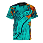 A front view of the Freebrd abstract all-over-print tee featuring swirling teal and orange patterns with a black collar, on a white background.