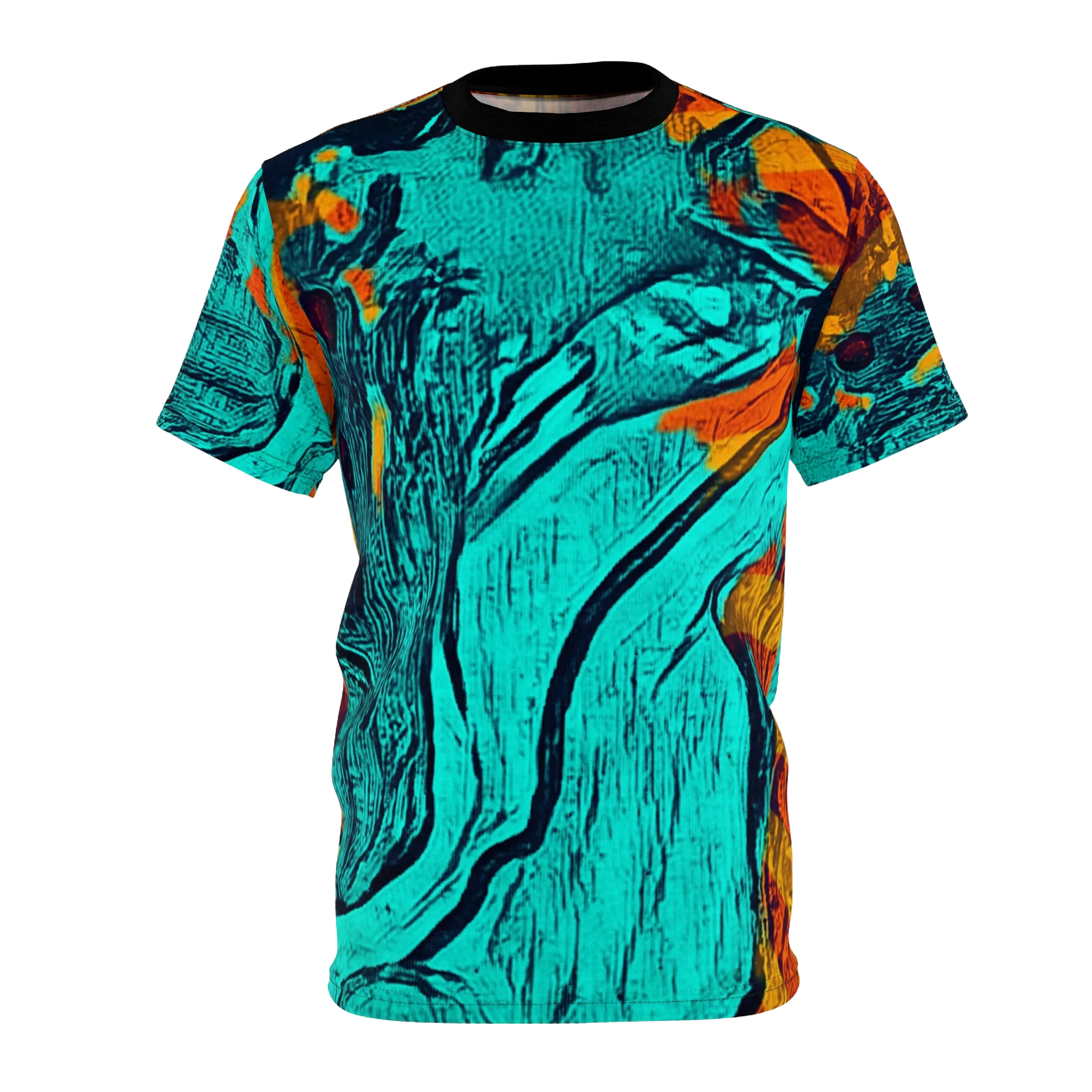 A front view of the Freebrd abstract all-over-print tee featuring swirling teal and orange patterns with a black collar, on a white background.