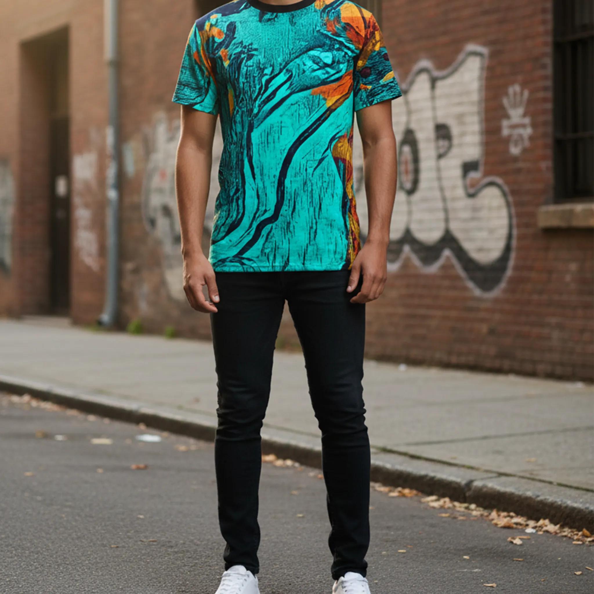 A front view of the Freebrd abstract all-over-print tee in teal and orange worn in an urban setting with a brick wall and graffiti backdrop.