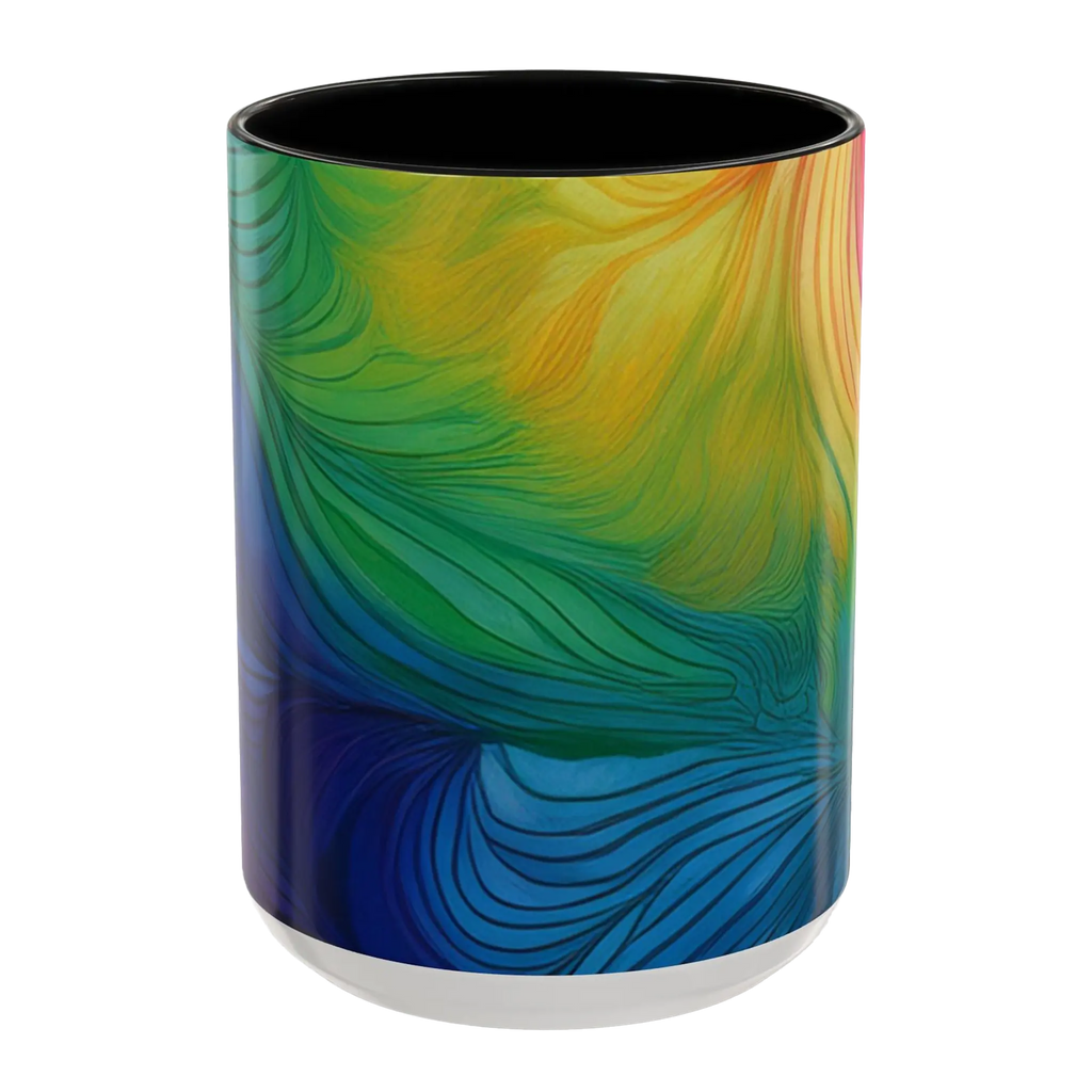 Freebrd vibrant abstract petal wave ceramic mug with swirling yellow green blue and orange design and black interior 15oz.