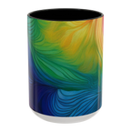Freebrd vibrant abstract petal wave ceramic mug with swirling yellow green blue and orange design and black interior 15oz.