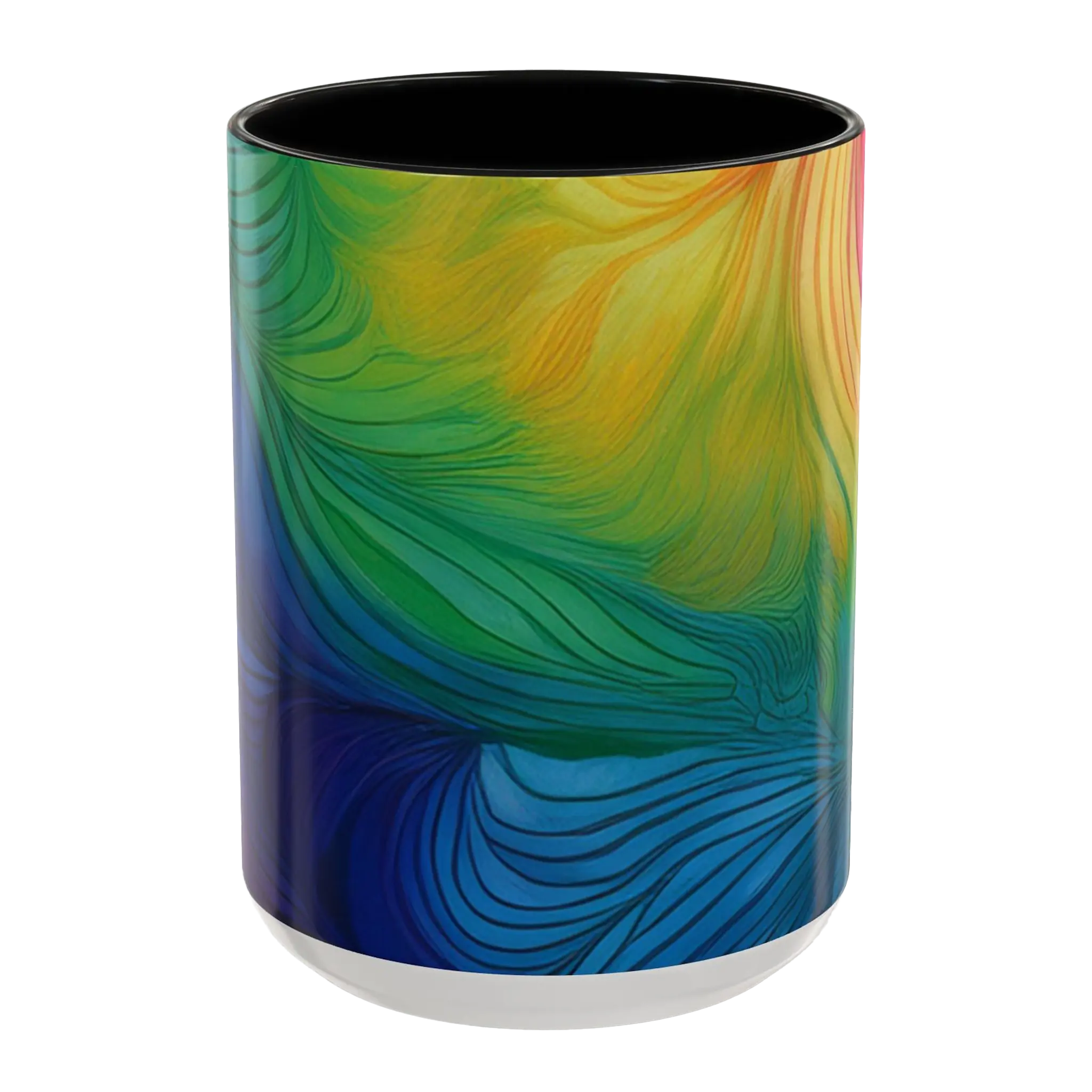 Freebrd vibrant abstract petal wave ceramic mug with swirling yellow green blue and orange design and black interior 15oz.