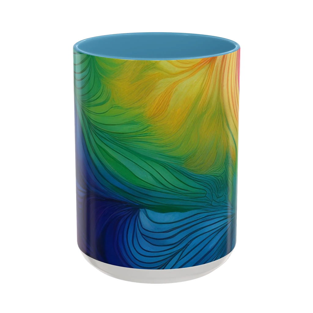 Freebrd vibrant abstract petal wave ceramic mug with swirling yellow green blue and orange design and light blue interior 15oz.