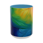 Freebrd vibrant abstract petal wave ceramic mug with swirling yellow green blue and orange design and light blue interior 15oz.