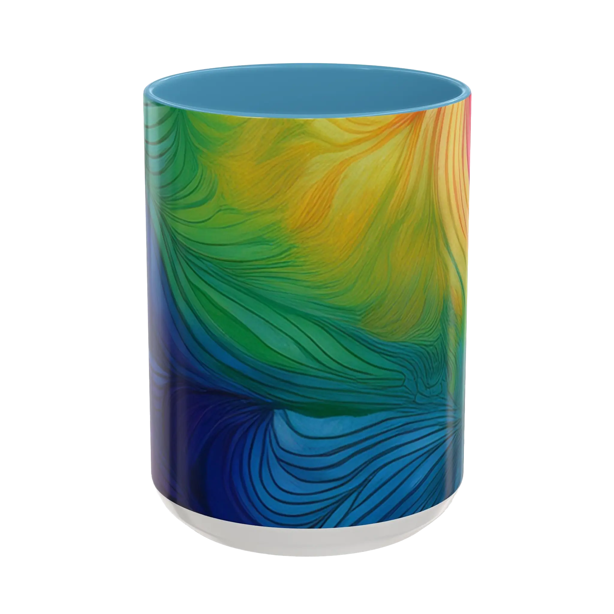 Freebrd vibrant abstract petal wave ceramic mug with swirling yellow green blue and orange design and light blue interior 15oz.