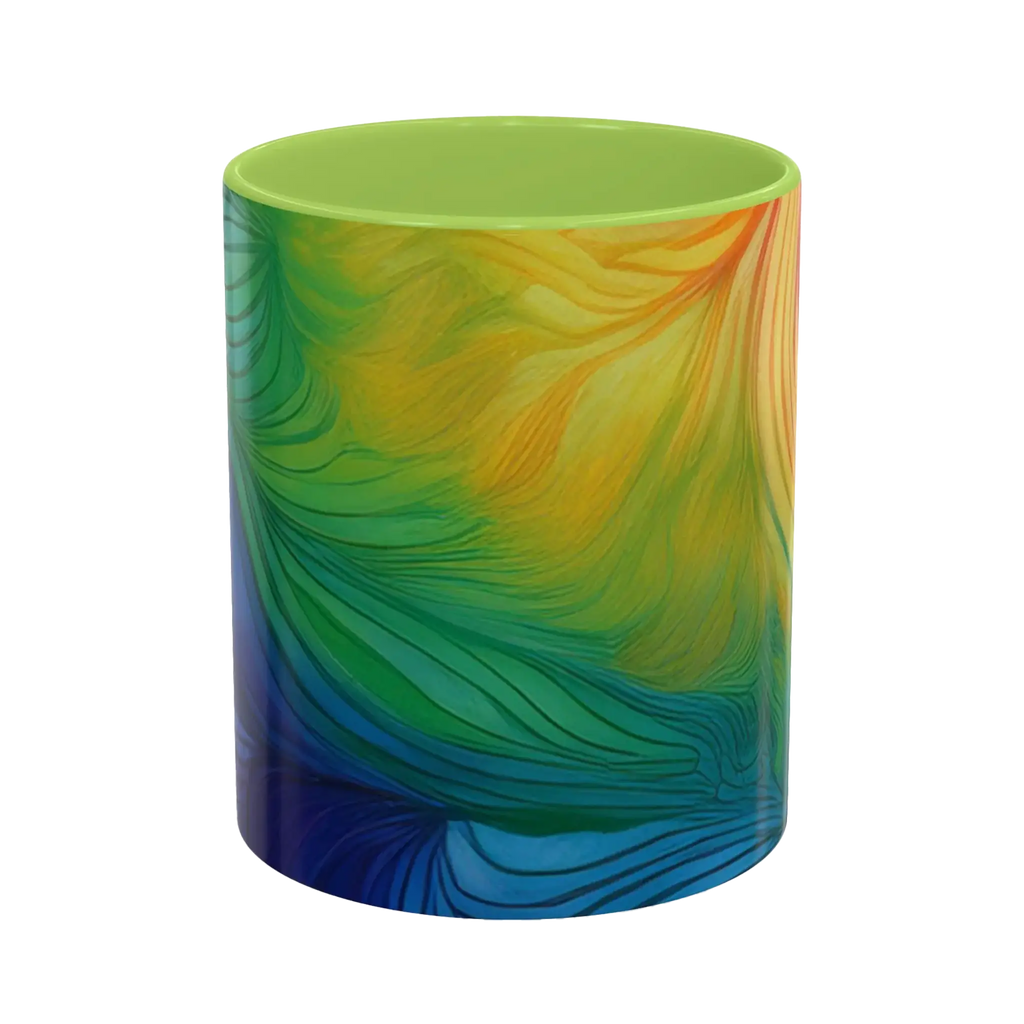 Freebrd vibrant abstract petal wave ceramic mug with swirling yellow green blue and orange design and light green interior 11oz.