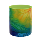 Freebrd vibrant abstract petal wave ceramic mug with swirling yellow green blue and orange design and light green interior 11oz.