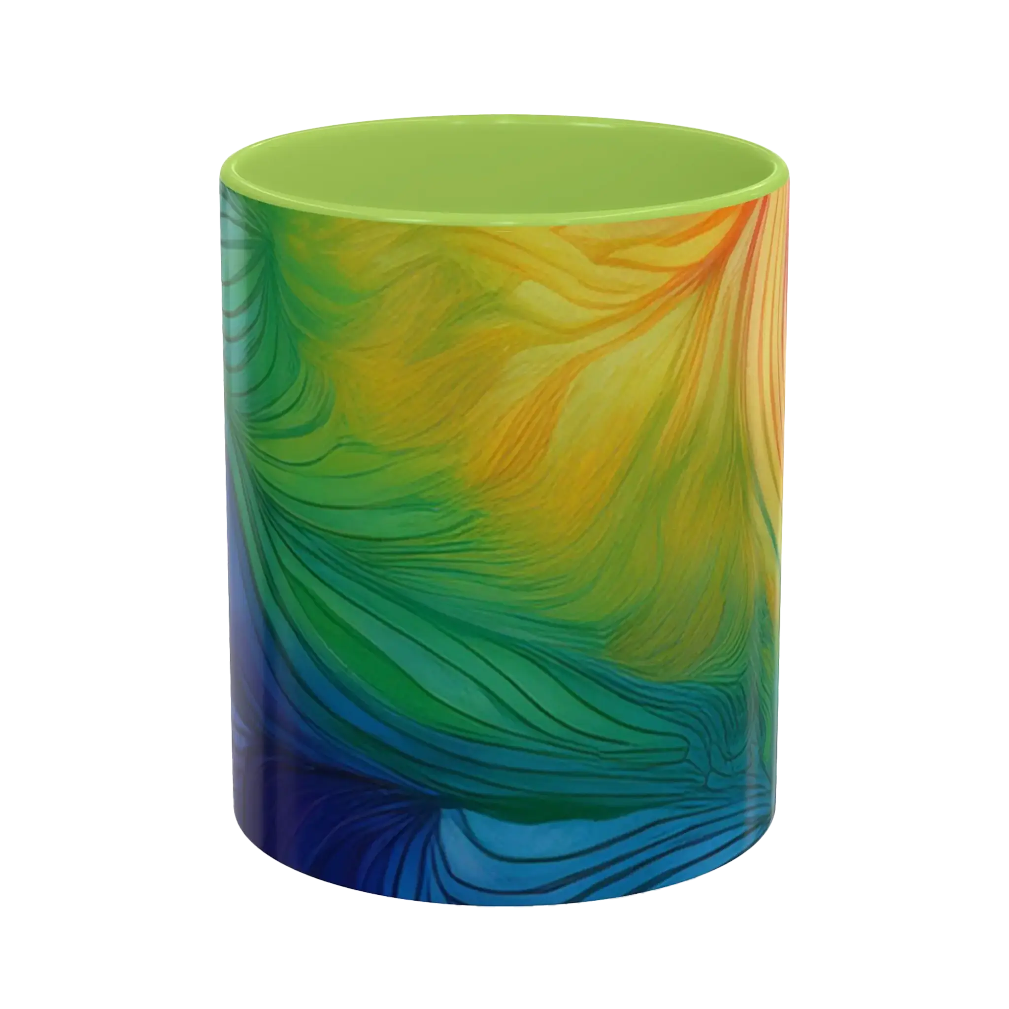 Freebrd vibrant abstract petal wave ceramic mug with swirling yellow green blue and orange design and light green interior 11oz.