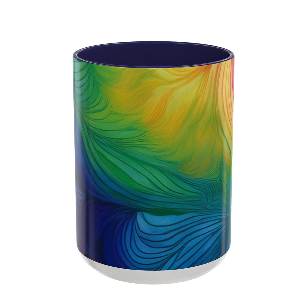 Freebrd vibrant abstract petal wave ceramic mug with swirling yellow green blue and orange design and navy interior 15oz.