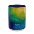 Freebrd vibrant abstract petal wave ceramic mug with swirling yellow green blue and orange design and navy interior 15oz.