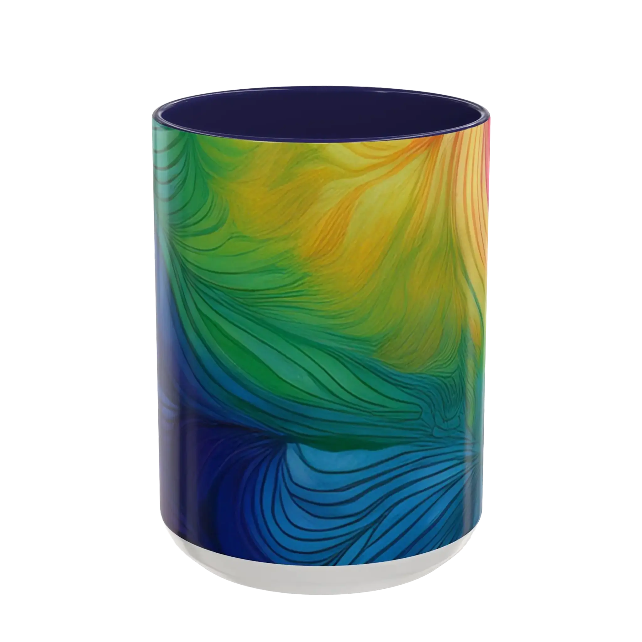 Freebrd vibrant abstract petal wave ceramic mug with swirling yellow green blue and orange design and navy interior 15oz.