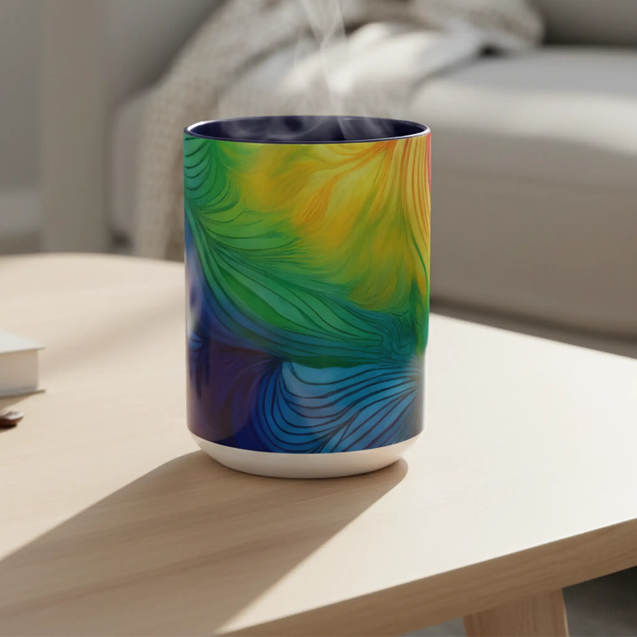 Freebrd vibrant abstract petal wave ceramic mug with swirling yellow green blue and orange design and navy interior sitting on a modern coffee table in a cozy neutral living room setting.