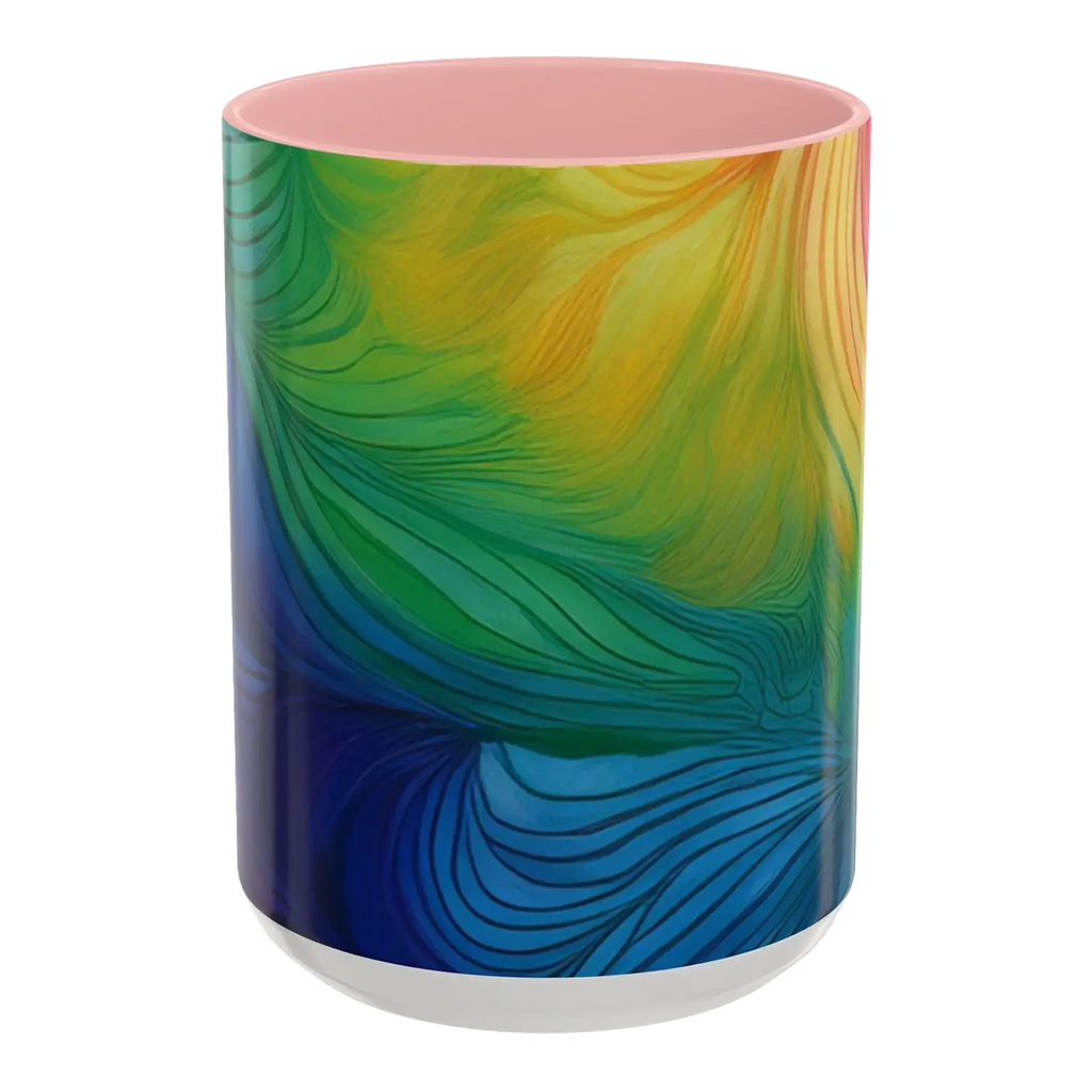 Freebrd vibrant abstract petal wave ceramic mug with swirling yellow green blue and orange design and pink interior 15oz.
