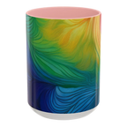 Freebrd vibrant abstract petal wave ceramic mug with swirling yellow green blue and orange design and pink interior 15oz.