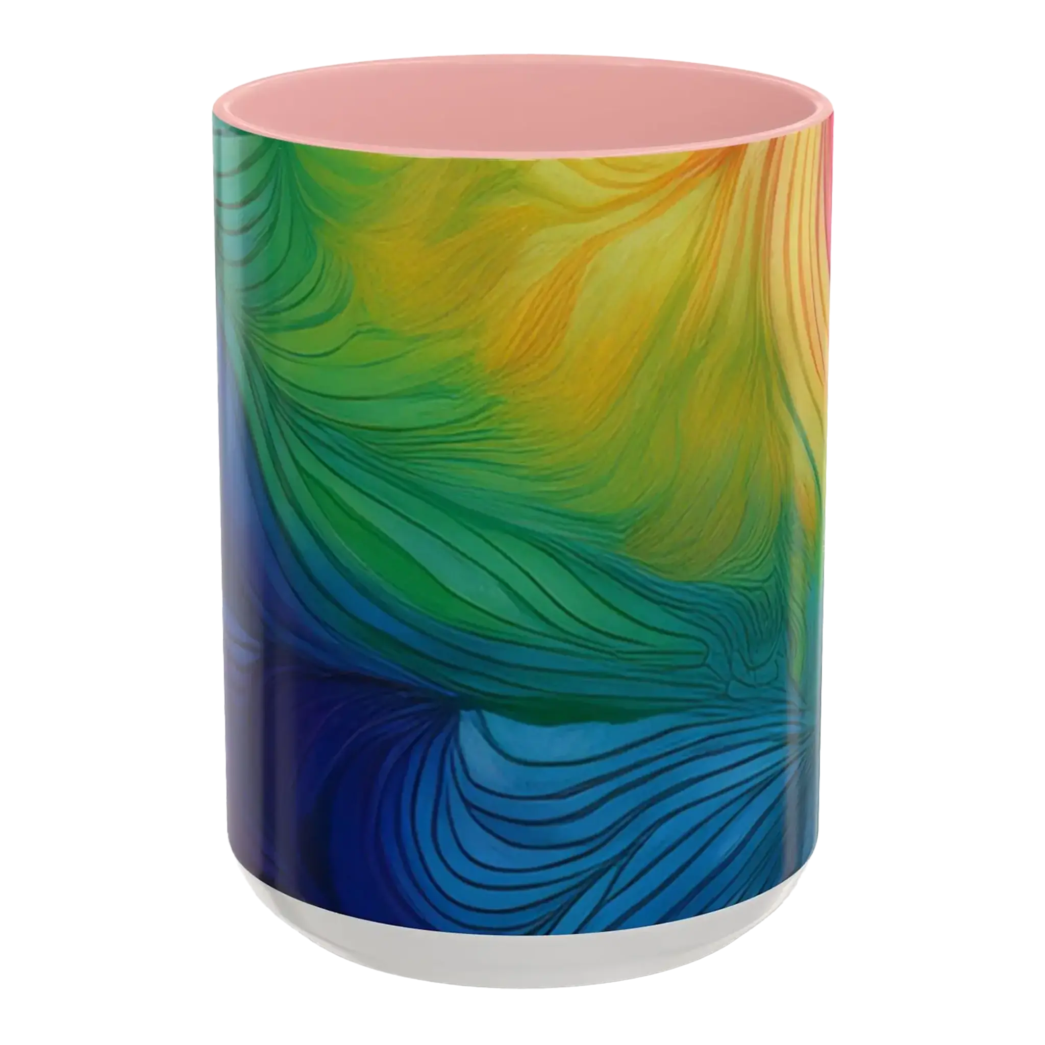 Freebrd vibrant abstract petal wave ceramic mug with swirling yellow green blue and orange design and pink interior 15oz.