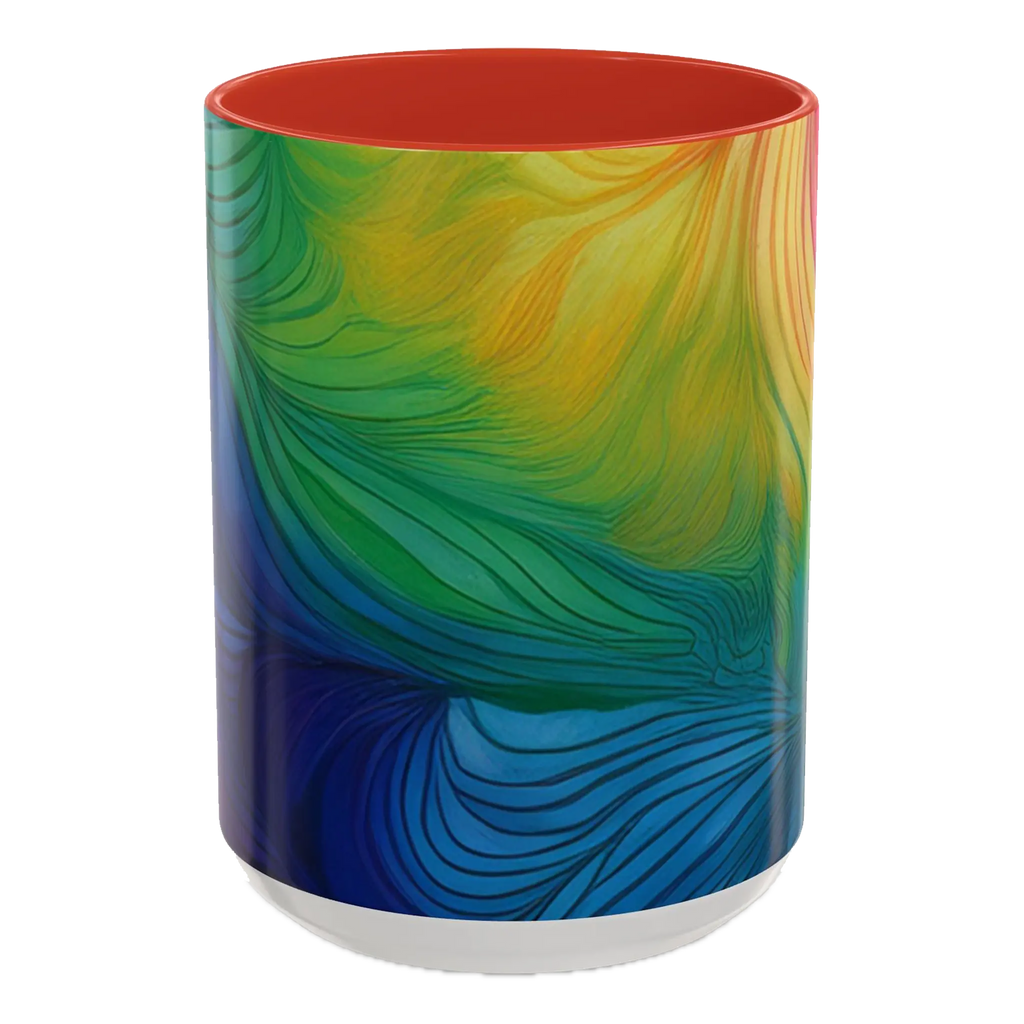 Freebrd vibrant abstract petal wave ceramic mug with swirling yellow green blue and orange design and red interior 15oz.