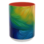 Freebrd vibrant abstract petal wave ceramic mug with swirling yellow green blue and orange design and red interior 15oz.