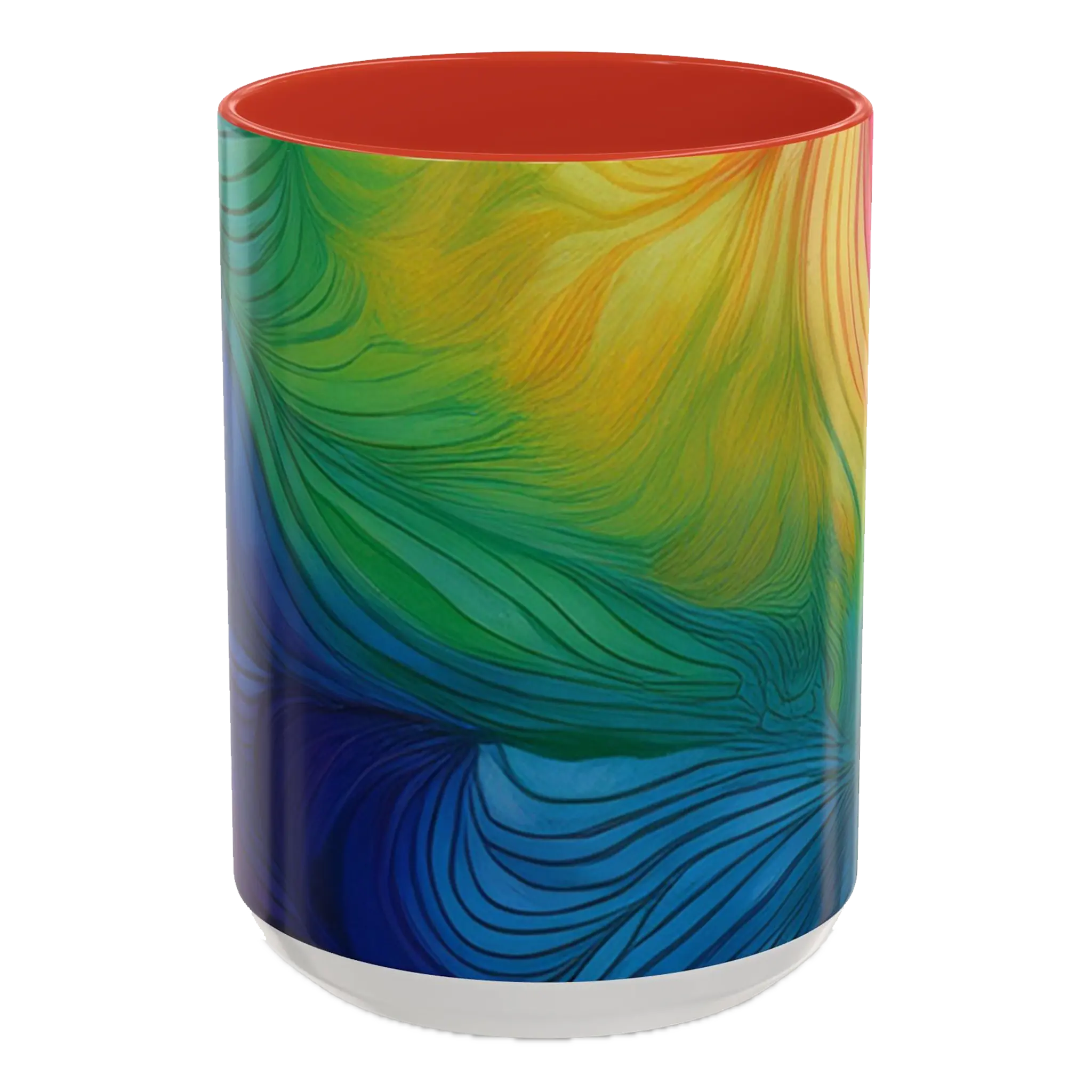 Freebrd vibrant abstract petal wave ceramic mug with swirling yellow green blue and orange design and red interior 15oz.