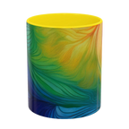 Freebrd vibrant abstract petal wave ceramic mug with swirling yellow green blue and orange design and yellow interior 11oz.