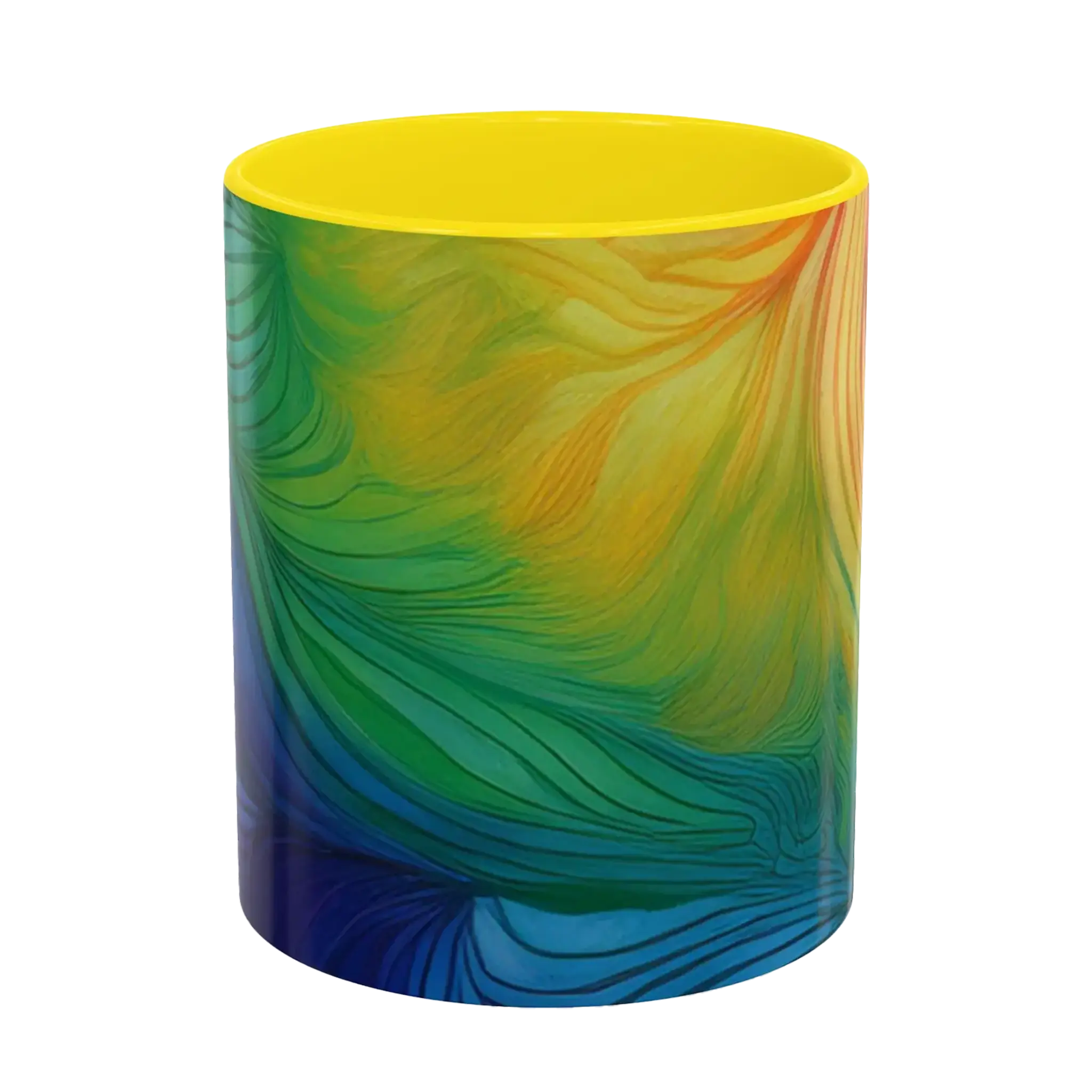 Freebrd vibrant abstract petal wave ceramic mug with swirling yellow green blue and orange design and yellow interior 11oz.
