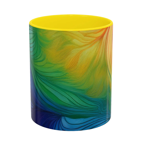 Freebrd vibrant abstract petal wave ceramic mug with swirling yellow green blue and orange design and yellow interior 11oz.