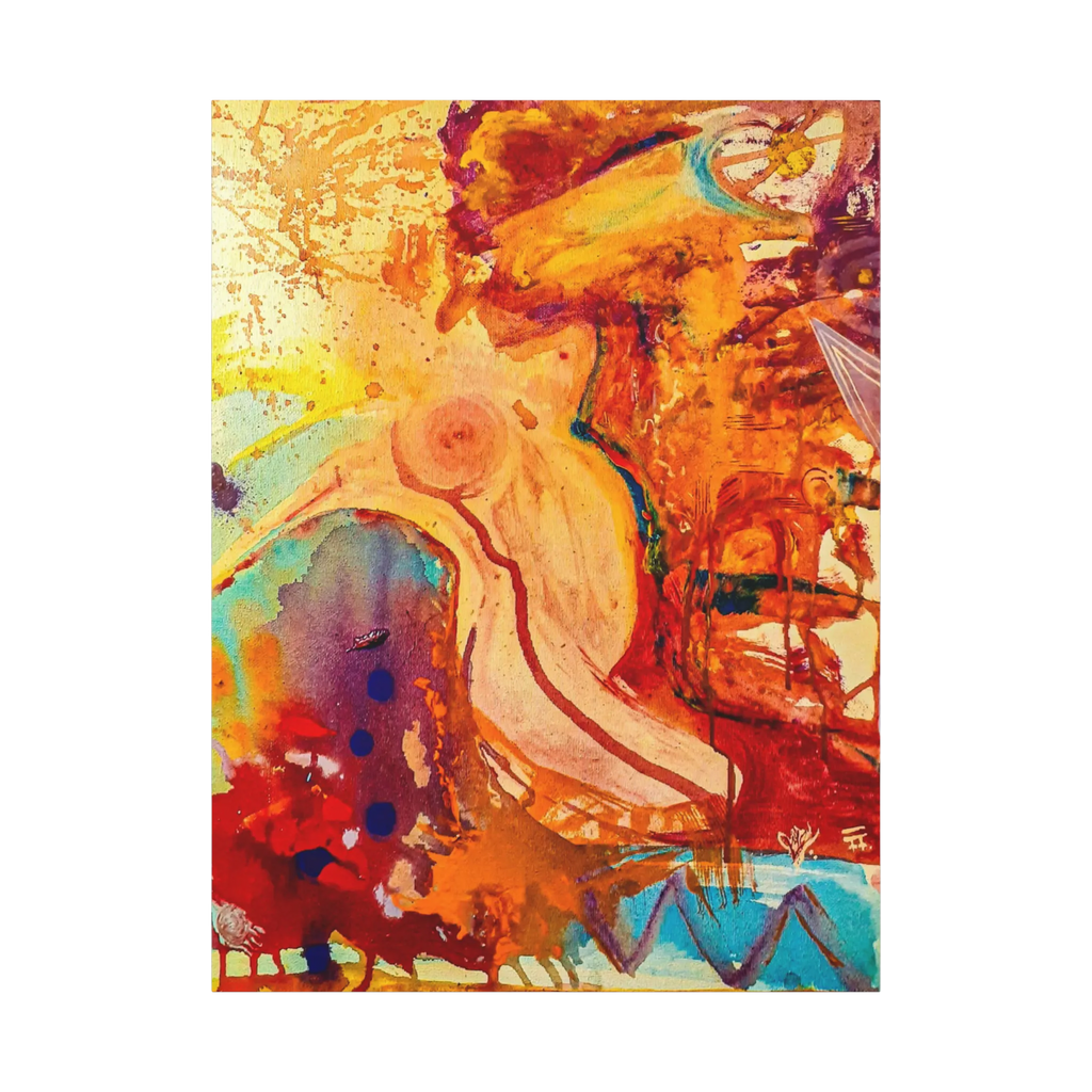 A front view of the Freebrd "WWW" Contemporary Abstract 36x48 lady Gesture Wall Art on 1.25 inch thick canvas, showcasing vibrant acrylic paint textures in purple, red, tea, yellow hues and earth tones.
