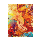A front view of the Freebrd "WWW" Contemporary Abstract 36x48 lady Gesture Wall Art on 1.25 inch thick canvas, showcasing vibrant acrylic paint textures in purple, red, tea, yellow hues and earth tones.