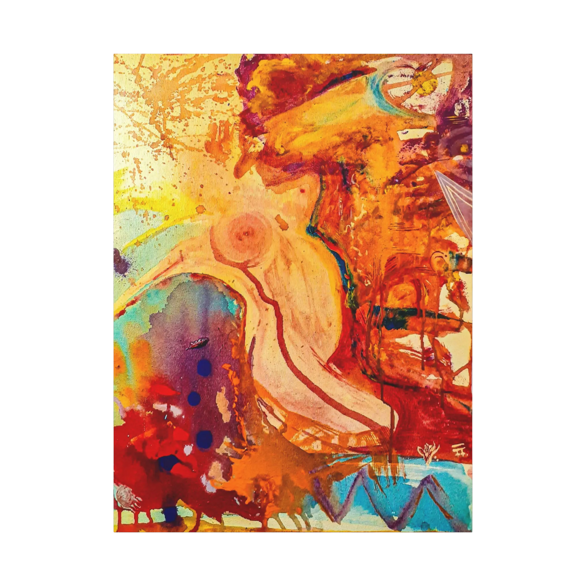 A front view of the Freebrd "WWW" Contemporary Abstract 36x48 lady Gesture Wall Art on 1.25 inch thick canvas, showcasing vibrant acrylic paint textures in purple, red, tea, yellow hues and earth tones.