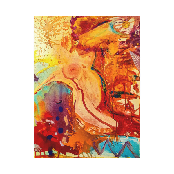 A front view of the Freebrd "WWW" Contemporary Abstract 36x48 lady Gesture Wall Art on 1.25 inch thick canvas, showcasing vibrant acrylic paint textures in purple, red, tea, yellow hues and earth tones.