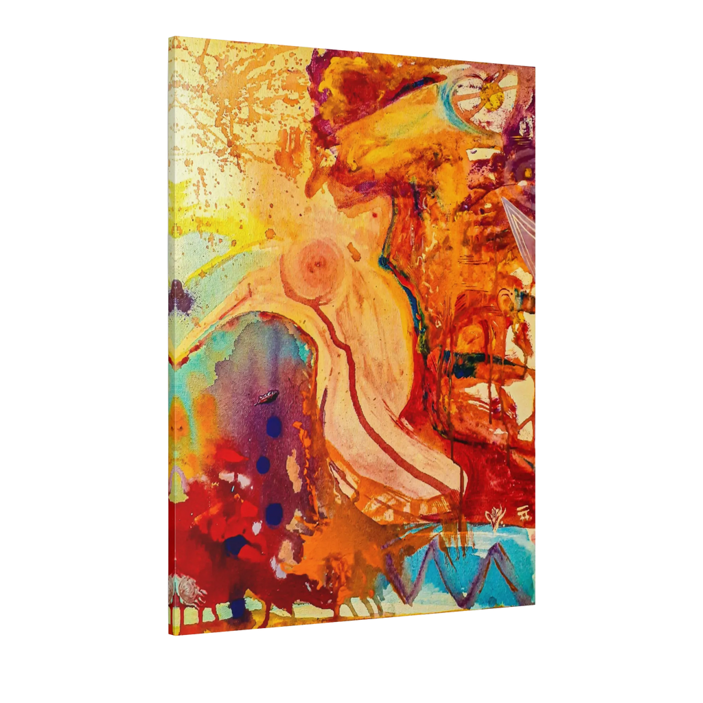 A side view of the Freebrd "WWW" Contemporary Abstract 36x48 lady Gesture Wall Art on 1.25 inch thick canvas, showcasing vibrant acrylic paint textures in purple, red, tea, yellow hues and earth tones.
