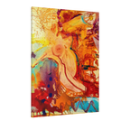 A side view of the Freebrd "WWW" Contemporary Abstract 36x48 lady Gesture Wall Art on 1.25 inch thick canvas, showcasing vibrant acrylic paint textures in purple, red, tea, yellow hues and earth tones.