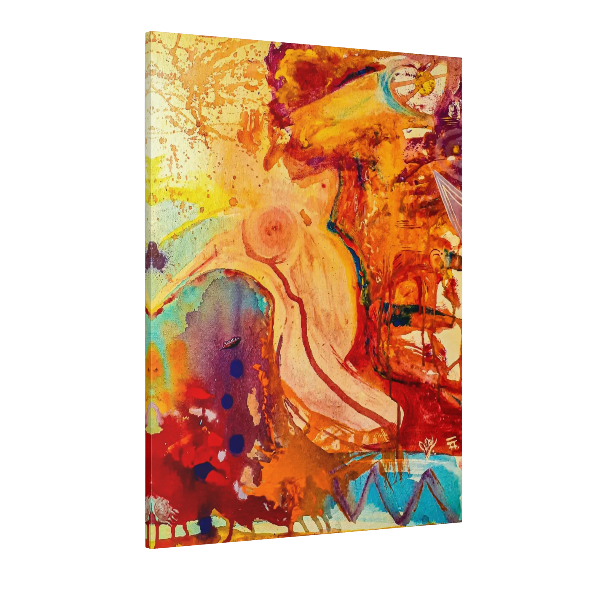 A side view of the Freebrd "WWW" Contemporary Abstract 36x48 lady Gesture Wall Art on 1.25 inch thick canvas, showcasing vibrant acrylic paint textures in purple, red, tea, yellow hues and earth tones.