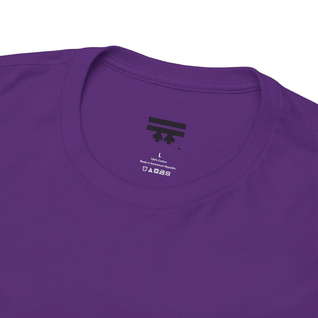 Freedom! Rainbow Script Essential T-Shirt, purple, FREEBRD inner tag detail.