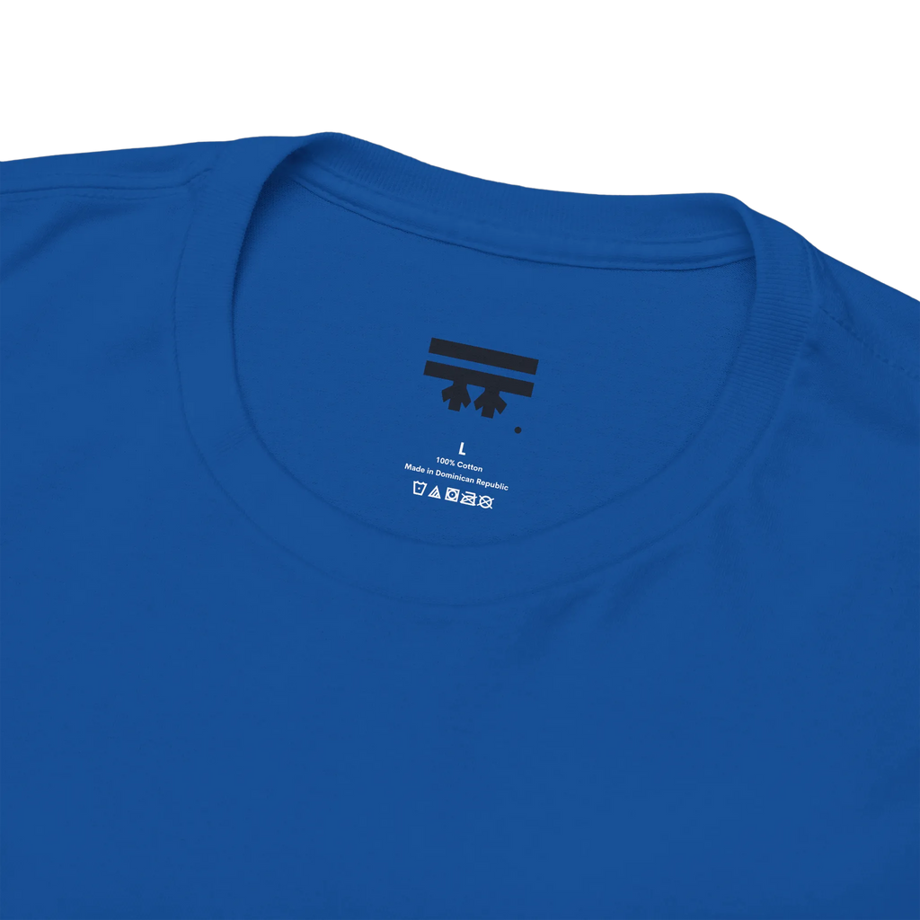 Freedom! Rainbow Script Essential T-Shirt, royal blue, FREEBRD inner tag detail.